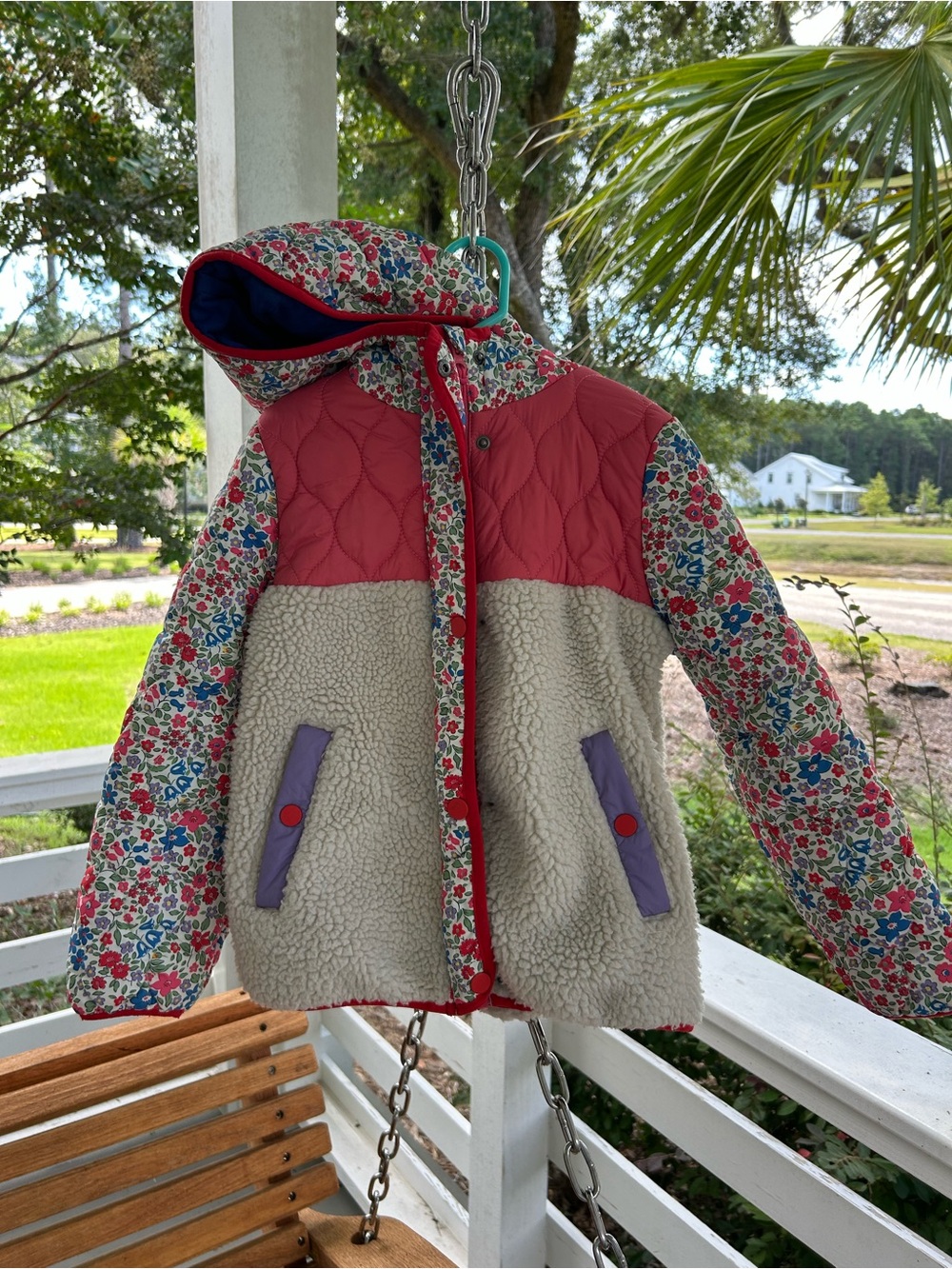 Miniboden Borg-Girls' Floral Hooded Sherpa Jacket - Pink & Cream
